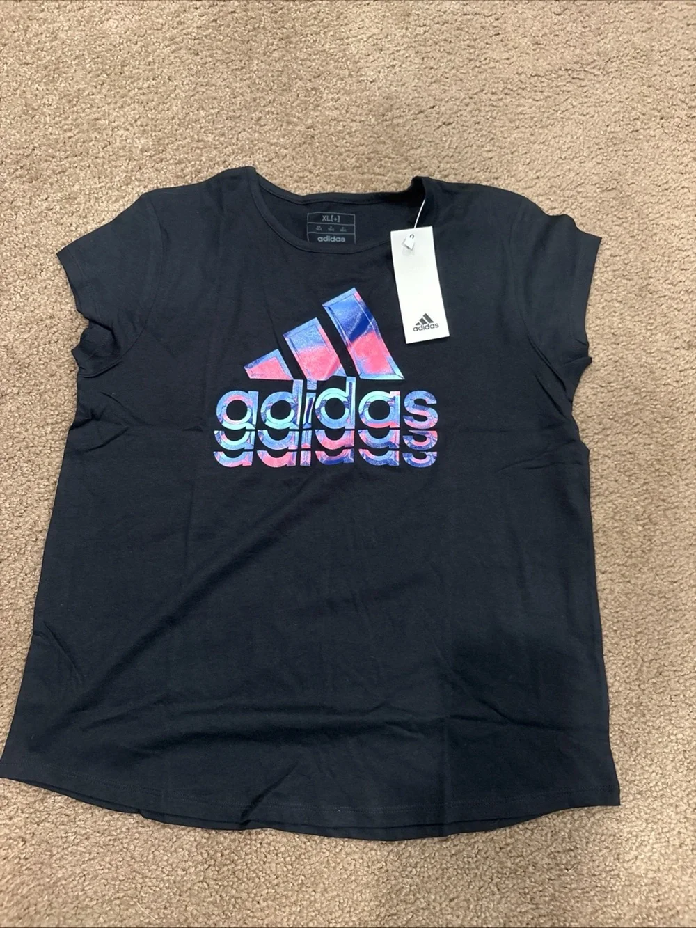 adidas big Kids size 16(XL) Black Logo Tee with Holographic Accent NWT